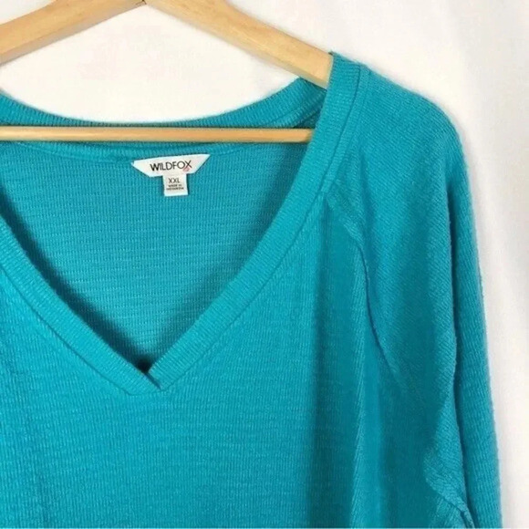 Wildfox Haley Ribbed V-Neck Teal Blue Brushed Knit Long Sleeve T-Shirt XXL - Picture 4 of 4